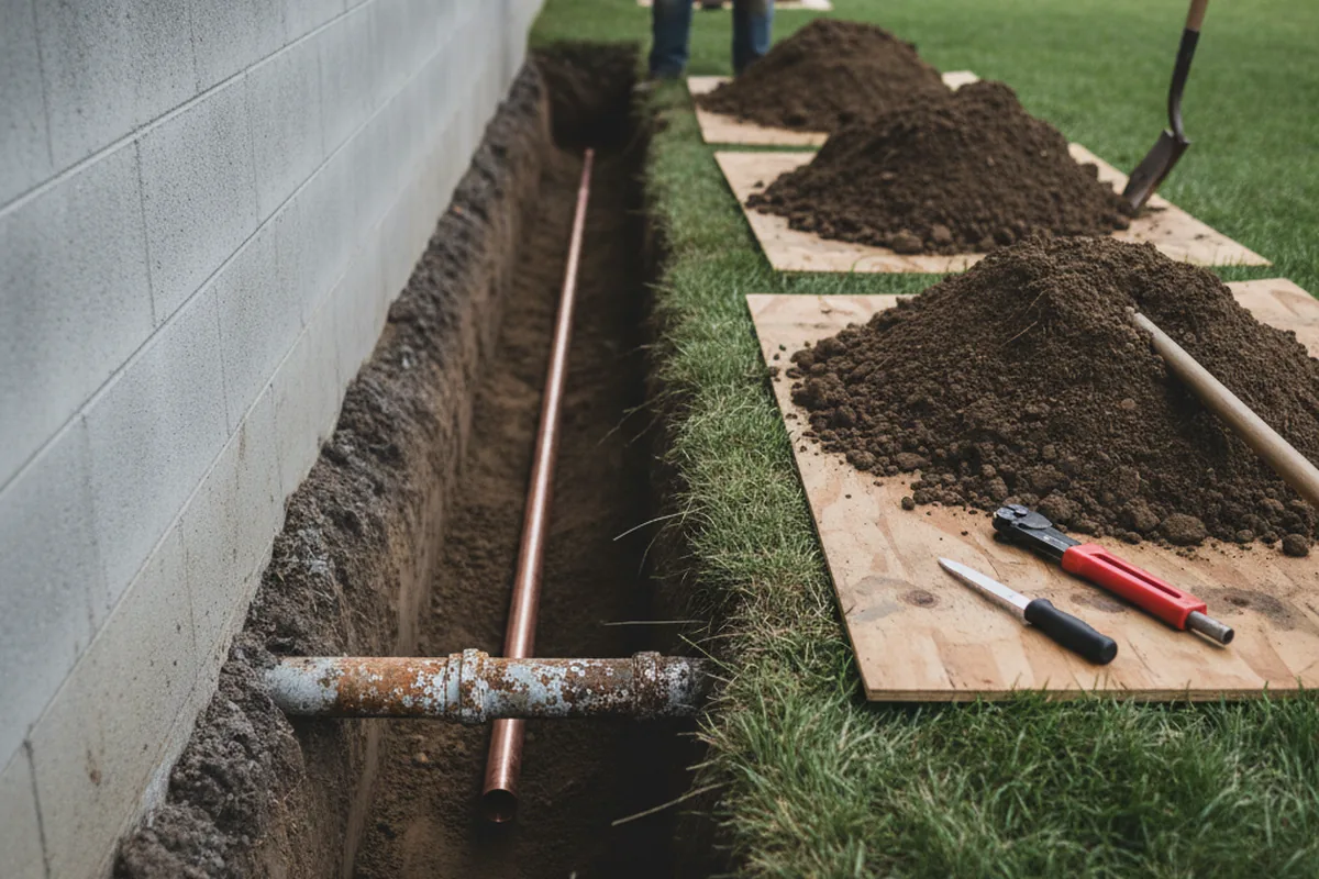 Excavated water line trench during Water Softener Installation in Cairnbrook
